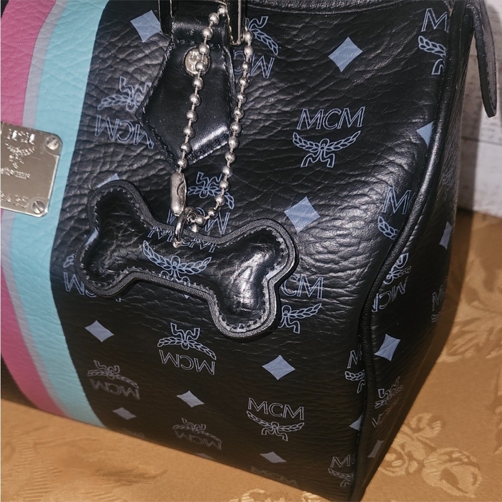MCM Black Leather Boston Bag with Blue and Pink stripes - Picture 7 of 11
